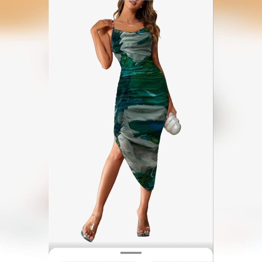SOLY HUX Women's Tie Dye Bodycon Cami Dress – Size XL, Green and Blue Print